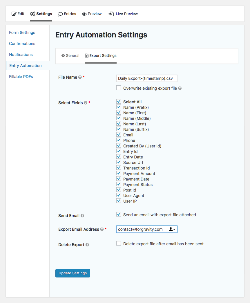 Entry Automation export task settings