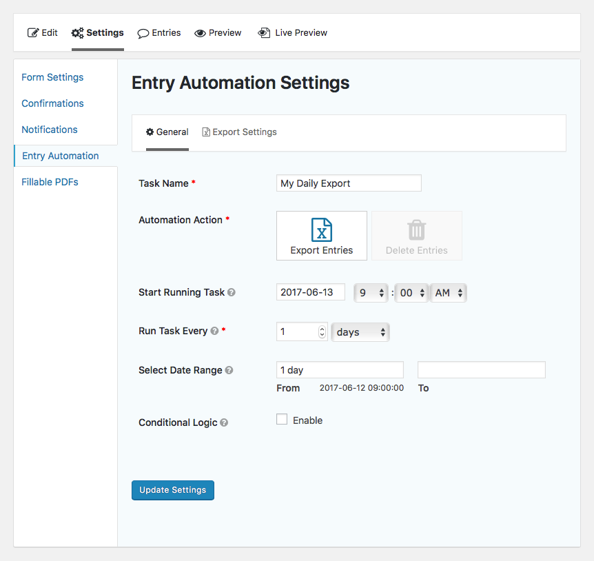 Entry Automation general task settings