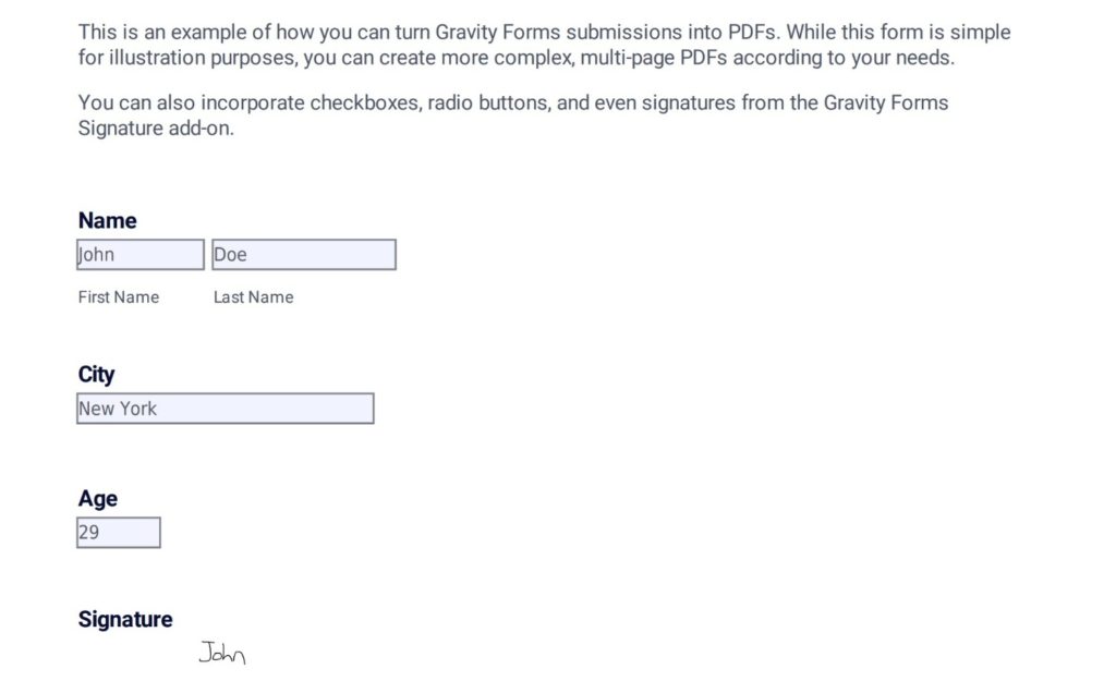 Gravity Forms to PDF example