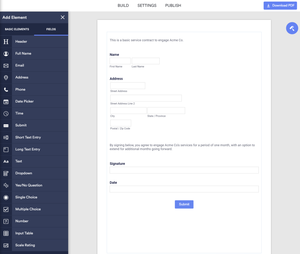 Creating a fillable pdf with signature field - basic form