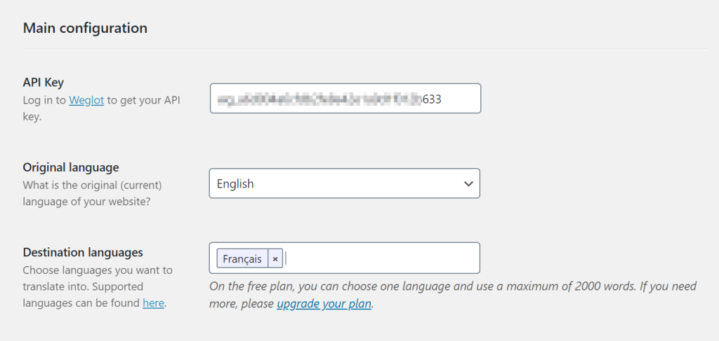 Weglot main configuration settings