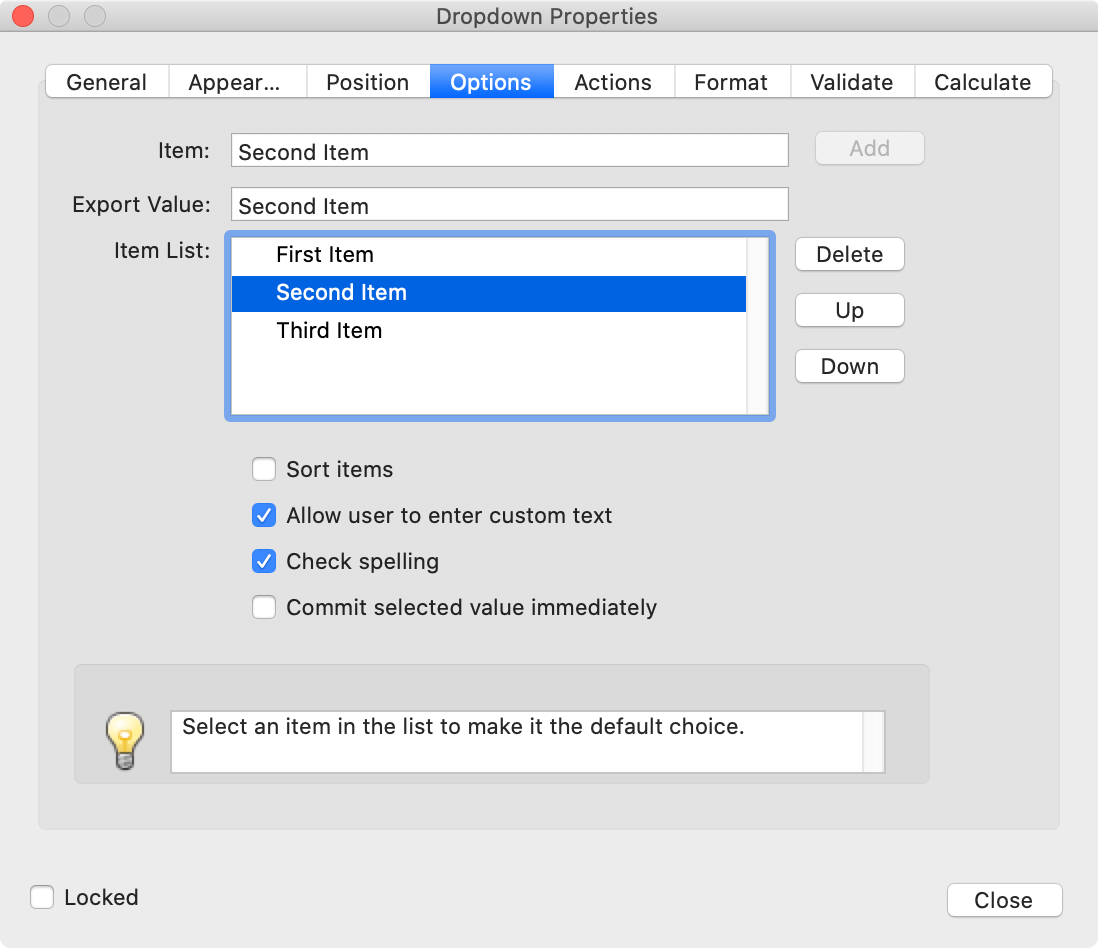 Adobe Acrobat Drop Down Options Dialog